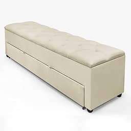 Recamier Baú Paris Com Gaveta Sapateira Luxo Decorativo Estofado Tamanho 1,50m Móveis De Armazenamento Premium Para Quarto Estilo Moderno Retro Organizador Cama Casal/solteiro (Bege)