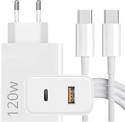 Carregador Super Turbo 120W Tipo C Porta Dupla (USB-C + USB-A) + Cabo USB C de 1m, Compatível com Iphone,Ipad,Macbook,Android, Tablets, Notebooks Ultra Rapido Premium