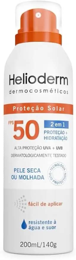 Protetor Solar Helioderm Suncare Spray FPS 50 200ml 2 Em 1 Hidratação E Proteção UVA UVB – Uso Em Pele Seca Ou Molhada