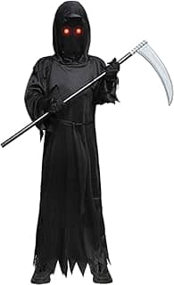 Fantasia de ceifador Heay para crianças Halloween com olhos vermelhos iluminados (12 – 14 anos, preta)