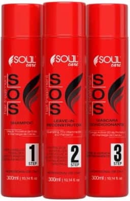 Kit SOS Tratamento Capilar Profissional Reconstrução Cauterização Antiemborrachamento Pós-Química Soul Care - Shampoo, Reconstrutor e Máscara (300mg)