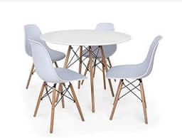 Mesa de Jantar Redonda Eiffel 90cm com 4 Cadeiras Charles Eames, Design Moderno, Base em Madeira, para Cozinha e Sala de Jantar (Mesa Branca/Cadeiras Brancas)