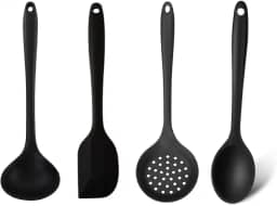Kit Utensílios de Silicone Premium Completo - Colher de Arroz, Concha, Escumadeira e Espátula Pão Duro (Preto)