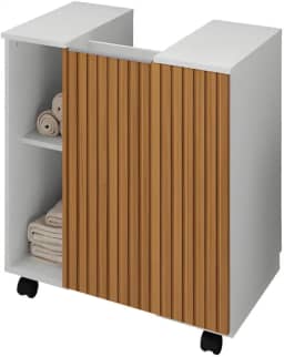 Gabinete Banheiro Para Pia De Coluna Com Rodinhas Armario Moderno E Organizador Com 1 Porta Nichos e Rodízios Pequin (Branco/ripado)