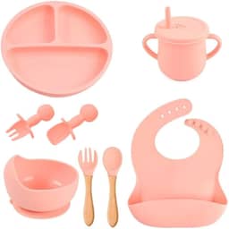 Kit Introdução Alimentar Bebe 8 Peças Silicone Iniciação Para Alimentos Livre de BPA Atóxico Antibacteriano Seguro Sem Pontas Colher, garfo, copinho, pote e pratinho Criança 6 meses Rosa