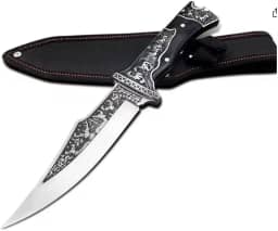 Faca Artesanal Damasco com Bainha, Inox e Madeira, 27cm Comprimento Total, Lâmina 15cm, para Culinária Profissional