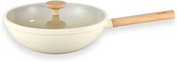 Oikos - Panela Wok Antiaderente Ultra Ceramic 28cm para Fogão por Indução, a Gás, Elétrico e Vitrocerâmico com Borda de Silicone Cor Bege Mou Nata