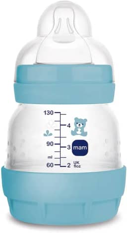 MAM Baby 1 Mamadeira Easy Start 130ml Anticólica e Menos Bolhas de Ar, para Crianças 0+ Meses Autoesterilizável e com Bico de Silicone Skinsoft, Azul Oceano