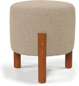 Puff Redondo Luxo Decorativo Charme com Pés de madeira Linho Bege