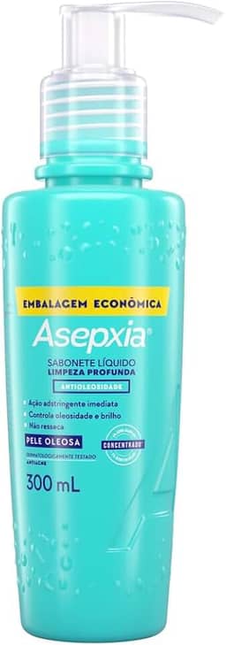 Asepxia Sabonete Facial Líquido para Pele Oleosa, Limpa Profundamente e Controla Oleosidade, Não Resseca, Dermatologicamente Testado, Combate Brilho Excessivo na Face, 300 ml, 1-Pack
