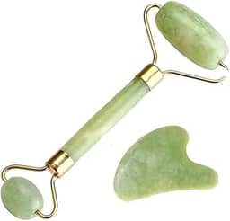 Massageador Facial 2 Em 1 Rolo de Jade + Pedra Gua Sha Redução de Rugas e Estresse Anti Rugas Anti Estresse Para um Skincare Completo Linha Premium
