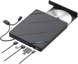 Gravador de DVD Externo 8-em-1, USB 3.0, Tipo-C, Portas Micro SD e T-Flash