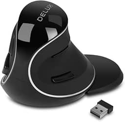 Delux Mouse vertical ergonômico sem fio - 2,4 G com receptor USB, cliques silenciosos, 1600 DPI, 6 botões, descanso de pulso removível, para laptop PC (M618Plus sem fio-preto)
