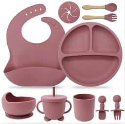Kit Introdução Alimentar Bebê 8 Peças Prato + Bowl Babador Copo + Tampa com Canudo + 2 Talheres + 2 Talheres Ponta Silicone Cabo de Madeira 100% Silicone Antitóxico Premium (Rosa Rubi)