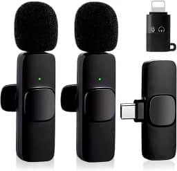 Microfone de Lapela Sem Fio Bluetooth Kit 2 Microfonones Abafamento de Ruído Até 10 Horas Tempo de Trabalho Compatível com Camera, iPhone, Android, PC - Conexão Android e USB-C - Linha AGold Premium