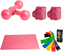Kit Treino: Par Halter 01 Kg + Par Tornozeleiras 01 Kg + Colchonete Rosa + Kit 05 Elásticos Multifuncionais Tensões Variadas