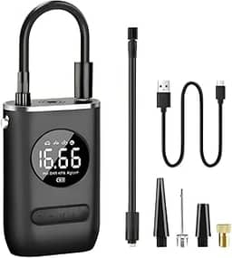 Compressor de Ar Portátil Recarregável 150 PSI com Bateria Dupla 2000mAh*2, Display Digital LED, Luz de Emergência e 4 Modos de Inflação para Carro, Moto, Bicicleta e Infláveis