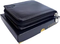 Carteira Masculina de Couro com Zíper Preta, Suporte para 6 Cartões e 6 Documentos, Tamanho 9 x 11,5 cm