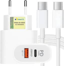 Carregador Turbo 45W Porta Dupla (USB-A + USB-C) + Cabo Ultra Rápido de 1M Premium®, Compatível com iPhone 15, 15 pro, 15 Pro Max, iPhone 16, 16 pro, 16 pro Max, Samsung Galaxy, IOS/Android