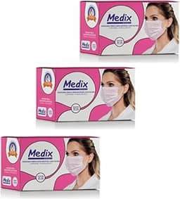 Kit 3 caixas de Máscaras Rosa Medix Tripla 50 Unidades Descartável com Elástico