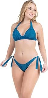 Biquíni Feminino Moda Praia Com Sobreposição Crochê Calcinha Asa Delta Amarração Lateral Texturizado Alta Sustentação