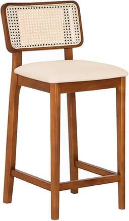 Banqueta Alta Madeira Maciça Com Encosto Curvado em Rattan Tecido Linho Bege Claro - Lilia