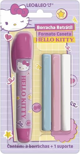 BORRACHA RETRÁTIL FORMATO CANETA HELLO KITTY - BLISTER C/ 1 SUPORTE E 3 BORRACHAS LEO&LEO
