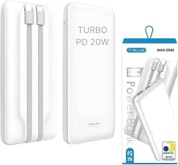 Power Bank 10000 mAh, Carregador Portátil Turbo 20W, Cabo Tipo C e iPhone Embutido, Botão Liga e Desliga, Entrada USB e Tipo C, Tecnologia Power Delivery, Carregamento Super Rápido - MAX-0542