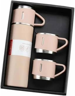 Kit Garrafa Termica Inox Isolada a Vacuo Parede Dupla Com Tampa Caneca e 2 Canecas 500ML Para Quente Gelado (Kit Rosa)