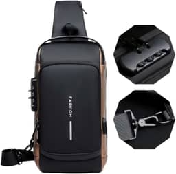 Bolsa Masculina Pochete de Couro Antifurto, Impermeável, com USB, Transversal, Couro, Anti-Roubo, Esportiva, Academia (Preto com Dourado)