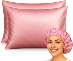 Kit Fronha de Cetim e Touca Antifrizz, Rosa, 2 Peças, 50 x 70 cm FEC (Rosa Claro)