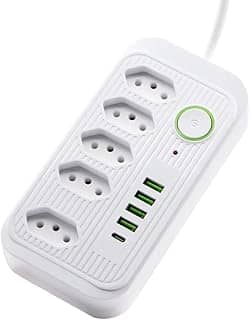 Filtro de Linha Bivolt 5 Tomadas, 4 USB, 1 USB-C, Cabo de 3m, 110-220V, Potência 2500W – Extensão e Régua de Energia para Casa e Escritório
