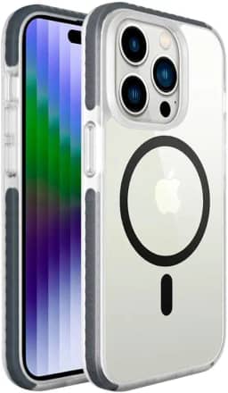 Geonav Capa protetora Impact Pro iPhone 14 Plus, TPU flexível nas extremidades, Compatível com o sistema de imãs MagSafe®, IPI14MSG, Transparente/Cinza Escuro