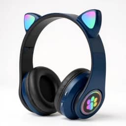 Fone de Ouvido Infantil Bluetooth com Orelhas de Gato, Luzes RGB, Dobrável, Ajustável, Conforto Prolongado e Conectividade Multiuso (Azul)