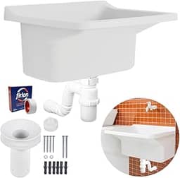 Tanque de Plástico 22L Para Lavanderia Branco + Sifão Copo Universal Sanfonado + Fita Veda Rosca