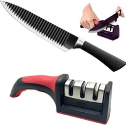 Conjunto Faca Shark Tubarão 8″ e Amolador Profissional – Kit para Cozinha, Churrasco, Aço Inox, 3 Estágios de Afiação, Corte Preciso e Durável