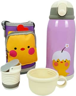 Garrafa Térmica Infantil Bebê Escola Parede Dupla Inox 550ML 2em1 +Suporte (LILÁS)