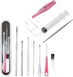 Kit Com 7 Peças Limpeza Auricular Cera Ouvido Orelha Cureta Espátulas + Seringa Lavagem Ouvido