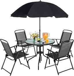Mesa Redonda de Vidro Life com 4 Cadeiras Dobráveis e Guarda-Sol, Ideal para Áreas Externas e Jantar