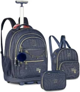 Kit Mochila Carrinho Estojo Lancheira Rebecca Bonbon Jeans