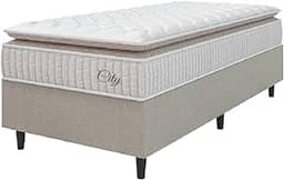 Cama Box Colchão Solteiro Molas Ensacadas City Pillow Top 88x188x61cm Branco/Bege Hellen - Suporta até 110kg por Pessoa