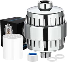 Filtro de Chuveiro com 20 Estágios, Remove Cloro, Flúor e Metais Pesados, Amaciante de Água para Cabelos, Alta Vazão com 2 Refis – Acabamento Cromado