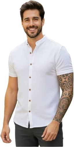 Camisa Social Masculina Manga Curta Gola Padre Elegante e Versatil Tendencia Verão e Final de Ano