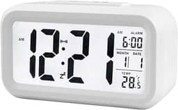 Henniu Relógio de Mesa Despertador digital inteligente com botão de soneca de data e temperatura na parte superior retangular operado por bateria com luz noturna para quarto Crianças - Branco