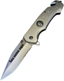 Canivete Tático Semiautomático com Gravação Personalizada, Lâmina em Aço Inox, Cabo em Metal Cinza
