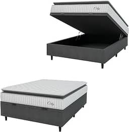 Cama Box Baú Colchão Casal Molas Ensacadas City Pillow Top 138x188x64cm Branco/Cinza Hellen - Suporta até 110kg por Pessoa