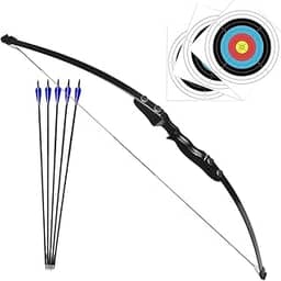 Kit Arco e Flecha Profissional Recurvo Empunhadura Destro de Madeira Preta Força de 40lbs + 5 Flechas com Ponta de Alumínio Para Tiro ao Alvo Treino Campeonato Treinamento Iniciante