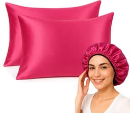 Kit Fronha de Cetim e Touca Antifrizz, Rosa, 2 Peças, 50 x 70 cm FEC