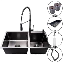 Cuba Gourmet Dupla Preta para Cozinha SOFTINOX 78x43 - Kit Completo com Torneira Monocomando e Acessórios para Pia Gourmet