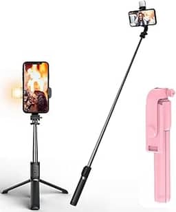 Tripé Bastão Pau De Selfie Com Led Bluetooth Retrátil Para Celular Com Controle Remoto (Rosa)